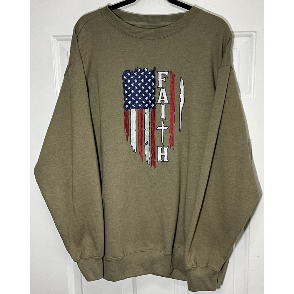 Love in Faith Green/Brown Embroidered USA Cross Flag Fleece Sweatshirt Mens XXL